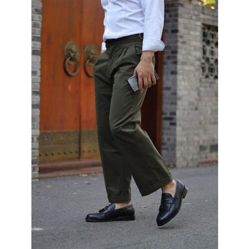 Pitti uomo Italian Retro High Waist army green work clothes loose straight mens Casual Pants Capris for men