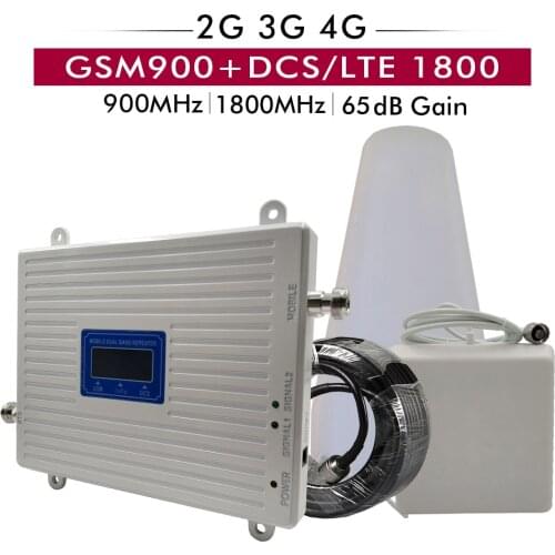 65dB Gain Dual Band Booster 2G GSM 900 DCS 1800 4G LTE Cellular Mobile Signal Repeater Amplifier LPDA Panel Antenna 15 Cable Set