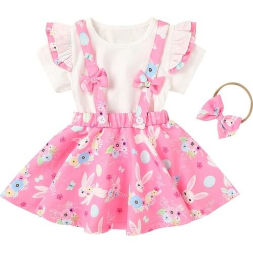 Girls Summer Three Piece Set, Kids Fly Short Sleeves Cartoon Printed Shirt Strap Skirt Hair Rope for Children 1-5T