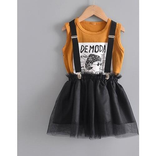 2021 Summer Skirt Girls Korean Printed Vest Top + All-match Mesh Strap Skirt Two-piece Suit Childrens Women