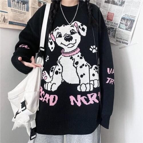 New Winter Sweater Women College Style Sweater Cartoon Puppy Sweater Loose Round Neck Knitted Sweater Thick Vintage Man Sweater