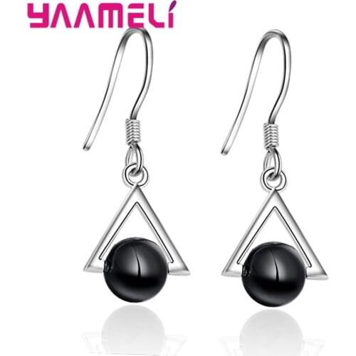 Charming Black Glass Triangle Dangle Hook Earrings Jewelry Gifts for Women Mother Solid 925 Sterling Silver Pendientes