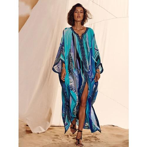 Fitshinling Print Split Straight Kaftan Beach Long Dress Women Bohemian Lace Up Overized Robe Blue Loose Pareos Maxi Dresses New