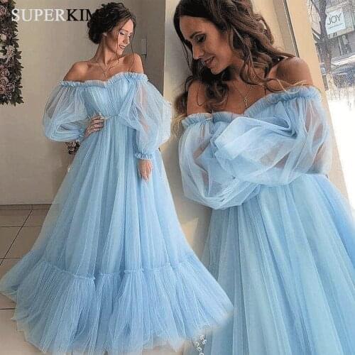 SuperKimJo Blue Prom Dresses 2020 Off the Shoulder Elegant A Line Tulle Cheap Prom Gown Vestido Longo Vestidos De Gala