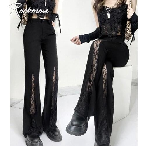 Rockmore Lace Patchwork High Waist Flare Pants Women Streetwear Casual Trousers Mom Joggers Gothic Y2K Vintage Fashion Bottom