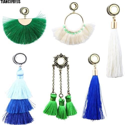 TIANCIFBYJS Whoelsales Woman Dangle Plugs Screw Ear Gauges 00g Tunnels Piercing Tassel Stretcher Kit Earrings Gauges Expander