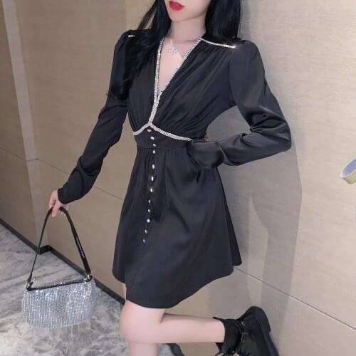 2021 Spring New Black satin Dress Design Diamond-studded V-neck Long Sleeve Silk Satin Dresses
