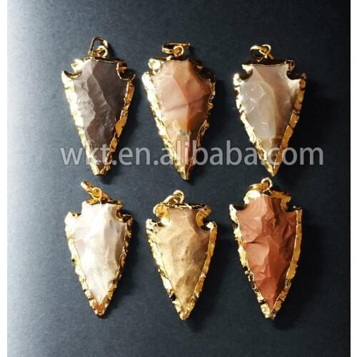 WKT Hot sale carved at gate spear arrow pendants natural stone with 24k gold trim