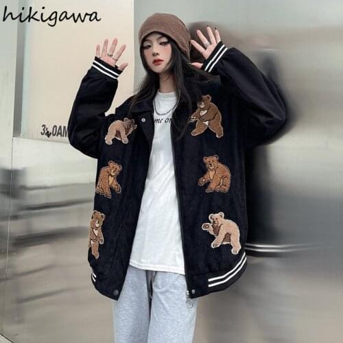 Hikigawa Cartoon Bear Embroidery Baseball Uniform Jacket Women 2021 Autumn Loose Corduroy Cardigan Outerwear Streetwear Tops