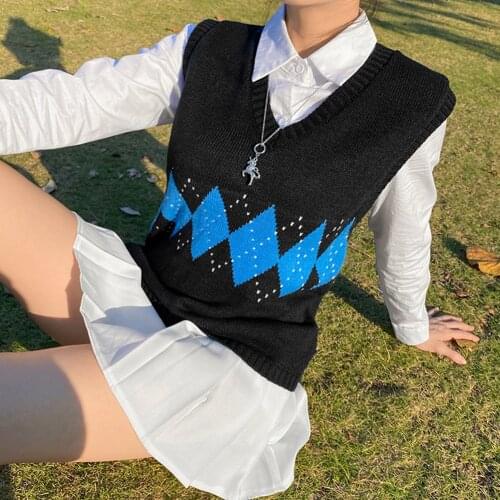 Argyle Sweater Vest Top Women Autumn Loose V-neck Vest Vintage Print Womens Plaid Printing All-match Fall Winter Clothing 2020
