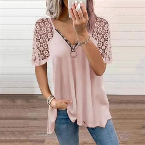Womens Sexy Stitching Lace Zipper Collar Tops Summer Ladies Casual V-neck Solid Color Short-sleeved Tops Daily Blusas Y Camisas