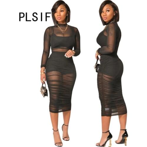 All Black O Neck Long Sleeve Crop Top And Dress Sexy Tight Club Party Lady Fashion Women Tracksuits