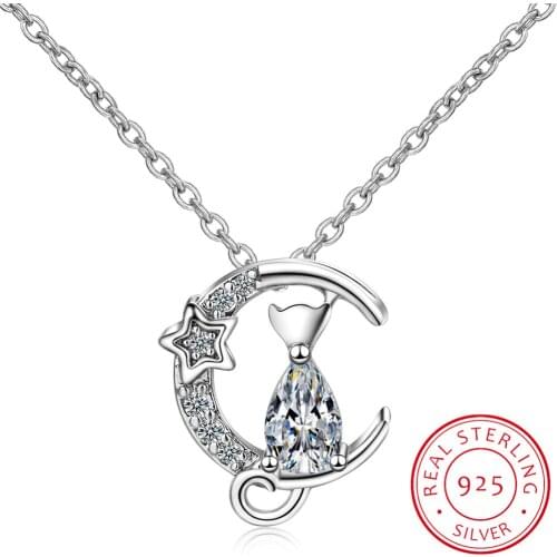 Hot Sale Authentic 925 Sterling Silver Fashion Moon Cat Women Necklaces Clear CZ Luxury Sterling Silver Jewelry SCN122