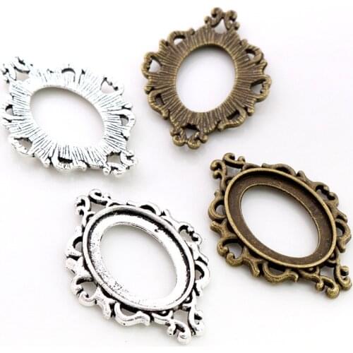 10pcs 18x25mm Inner Size Antique Silver Plated Bronze Flowers Style Cameo Cabochon Base Setting Charms Pendant necklace findings