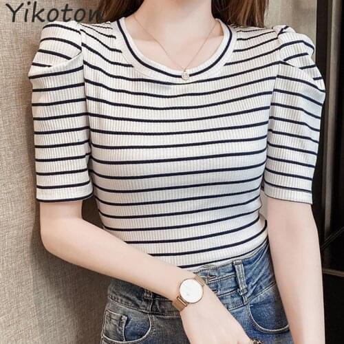 2021 Summer Women Tshirt Striped Cotton Puff Sleeve T-shirt Womens Clothing O-Neck T Shirt Female Top Fashion Basic Sexy Femme