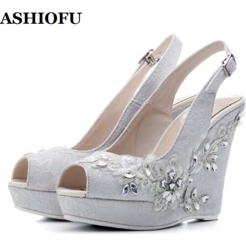 ASHIOFU Handmade Womens Wedges Heels Sandals European&American Lace Shoes Flower Peep-toe Party Prom Fashion Club Sandals Shoes