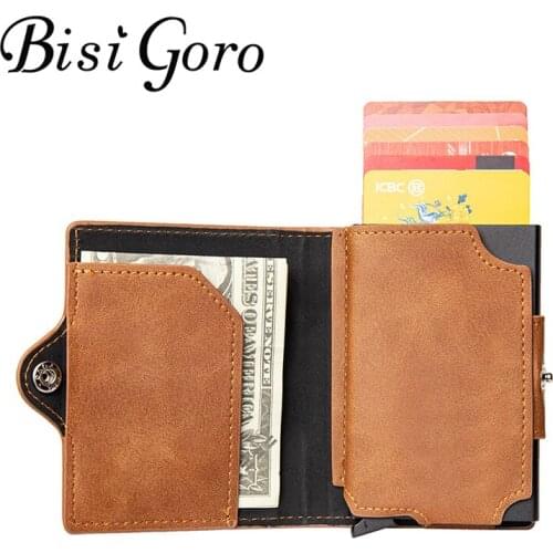BISI GORO Button Smart Wallet Coin Zipper RFID Blocking 2020 PU Aluminum Business Credit Card Holder Purse Brown Black Cover