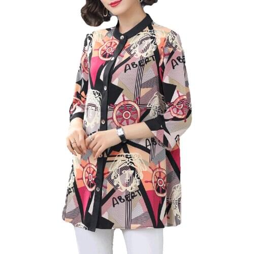Womens Spring Autumn Style Blouses Shirts Womens O-neck Printed Three Quarter Sleeve Button Loose Vintage Tops SP707