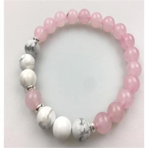 8mm Pink crystal Gemstone Howlite Mala Bracelet 7.5 inches Men Unisex Cuff Monk Bead Sutra Buddhism Healing Energy Reiki