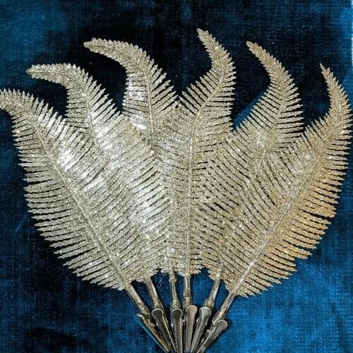 Fashion New Feathers Simulation Leaf Christmas Tree Ornament Gold Silver Power Glitter Plant Decor Home Wedding Decoration