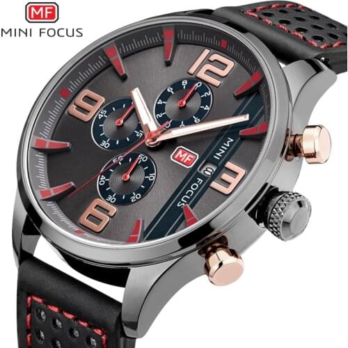 MINI FOCUS Mens Large Numbers Military Sports Quartz Watches Waterproor Leather Strap Luminous Wristwatch Man Clock 0016 black