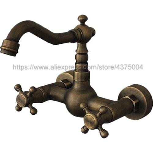 Dual Cross Handles Wall Mounted Antique Brass Hot&Cold Bathroom Kitchen Basin Sink swivel Faucet Mixer Tap Nnf264
