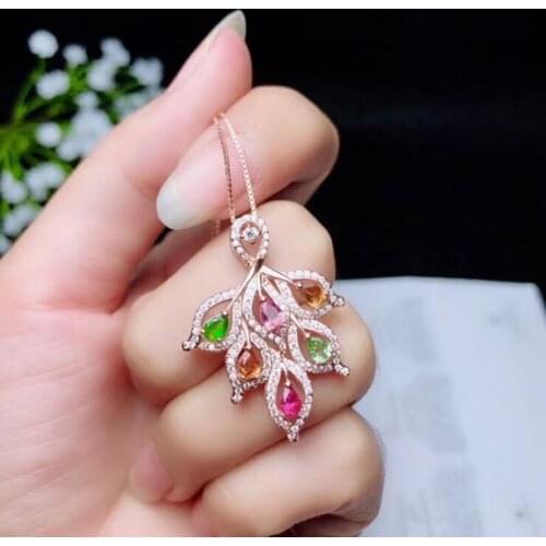 Elegant lovely leaf Grape kebab natural Multicolor tourmaline Pendant natural gemstone pendant S925 silver Women fine jewelery