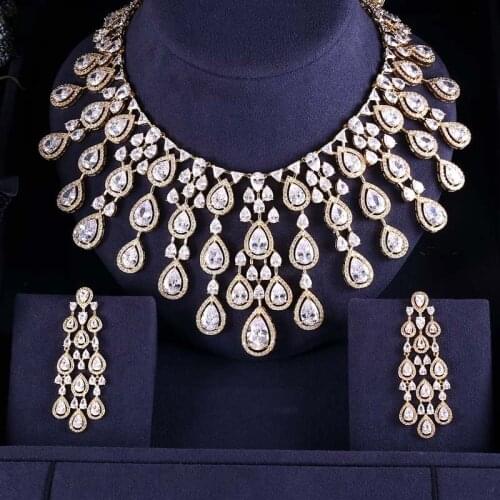 Janekelly Luxury cubic zirconia necklace bracelet earrings and ring 4pcs dubai full jewelry set for women,bridal dress dinner