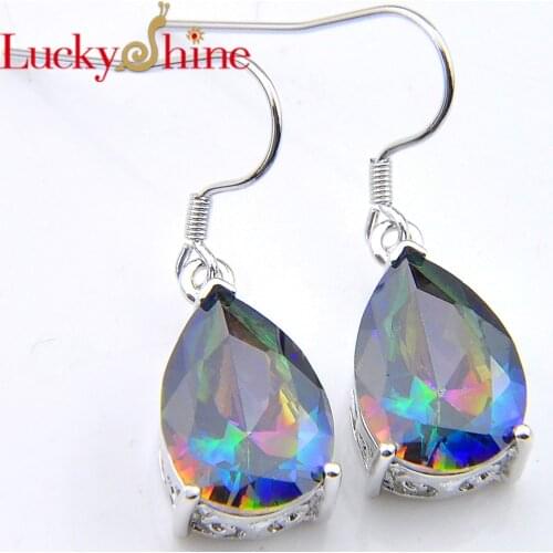 Luckyshine Jewelry Fire Water Drop Rainbow Mystic Created Stone Silver Plated Zirconia Earrings Russia USA Australia Earrings