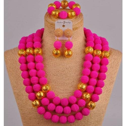 24inches fuchsia pink costume set simulated pearl nigerian traditional wedding set african beads jewelry set FZZ63