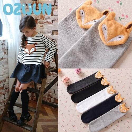 Fashion Baby Girls Solid Color Cartoon Fox Head Knee High Socks No Heel Cotton Socks Length 30cm/40cm For Kids Boys Girls