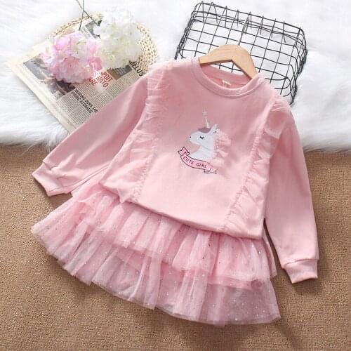 2020 girls autumn fashion suit cartoon Hooded Sweater + rainbow mesh skirt two piece set