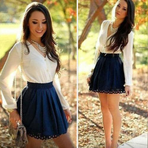 Summer Dresses HOT Summer Women Elegant Lady Long Sleeve V-Neck Elastic High Waist White and Blue Patchwork Dress