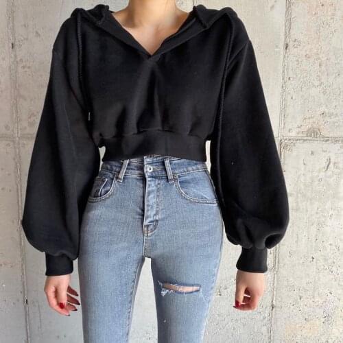 Casual Solid Pullovers Black Cropped Womens Hoodies Fad Autumn Winter Harajuku Long Sleeve Female Sweatshirt Gothic Jacket Top