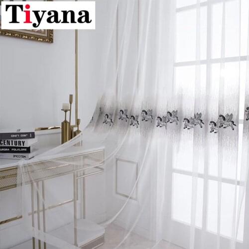 Embroidery Horse Sheer Tulle Curtains For Living Room Kitchen Window Voile Sheer Curtains For Children Bedroom Curtain H012-4