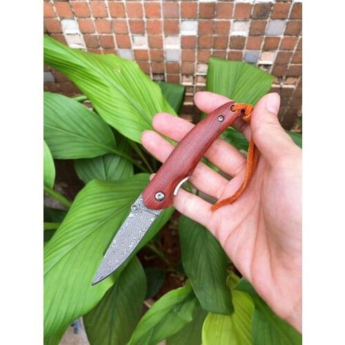 Wine red Color Damascus Blade Knives Keychain Mini Pocket Folding Hunting Knife Tactical Survival Knives Wood Handle Hand Tools