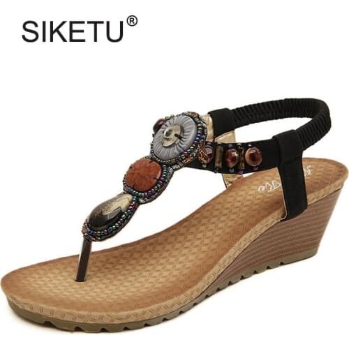 String Beaded Women Wedge Heel Sandals Ethnic Flip Flops For Women Ladies Casual High Heels Wedges Summer Shoes Plus Size 35-40