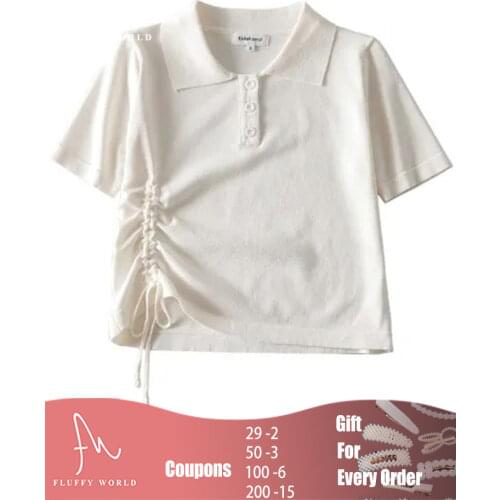 Chic Short Sleeve Top Women 2021 Summer Female Polo Shirt Solid Color Drawstring Sweet And Lovely Wind Tops Tees Dropshipping