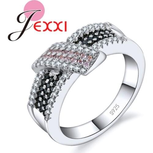 Retro Trendy Rhinestone Finger Ring For Women Girl Black Pink Crystal Stone 925 Sterling Silver Jewelry Wholesale Pins