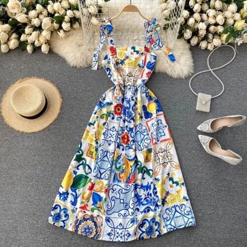 Fashion Runway Summer Dress 2021 New Womens Dresses Spaghetti Strap Backless Blue And White Porcelain Floral Print Long Dress
