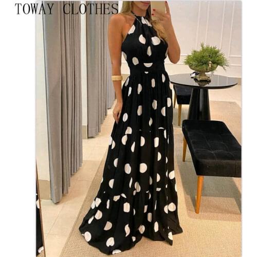 Women Sleeveless Flared Polka Dot Print Halter Backless Ruched Maxi Dress
