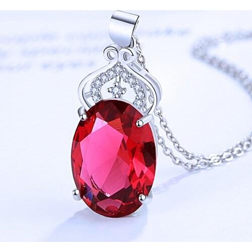 Vintage Crown Red Crystal Ruby Gemstones Diamonds Pendant Necklaces for Women White Gold Silver Color Jewelry Bijoux Party Gifts