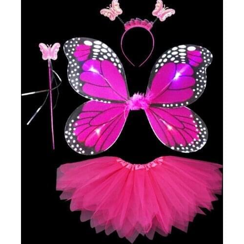 Adult Kids 4Pcs Fairy Costume Set LED Simulation Butterfly Wings Pointed Tutu Skirt Headband Wand Princess Girls Party Up