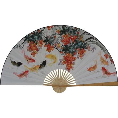 Large Folding Paper Fan Chinese Style Crafts Banboo Frame Background Decorative Fan Hanging Decoration Evening Lychee And Fish