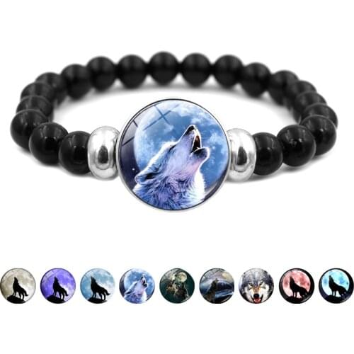 Handmade Black Beads Strand Bracelet Fashion Jewellery Howling Wolf and Moon Round Glass Snap Button Bracelets for Men Women