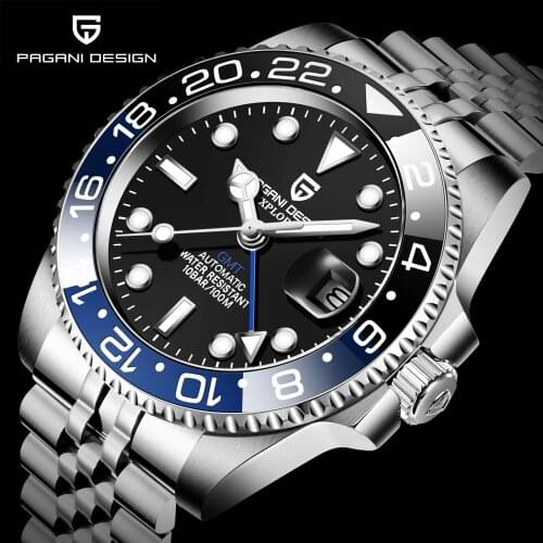 PAGANI DESIGN GMT Mechanical Watch Top Luxury 100M Waterproof Men watch Stainless Steel Ceramic Bezel Luminous Watch men relogio