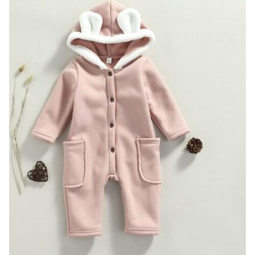 Baby Contrast Color Romper with Pockets, Girls Long Sleeve Button-up Hooded Jumpsuit Spring Autumn