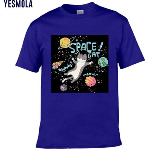 YESMOLA Cartoon Space Cat Tshirt Mens T-shirt Summer Casual Round Neck Tops Cotton Short Sleeve Male Slim Fit Unisex Tshirt