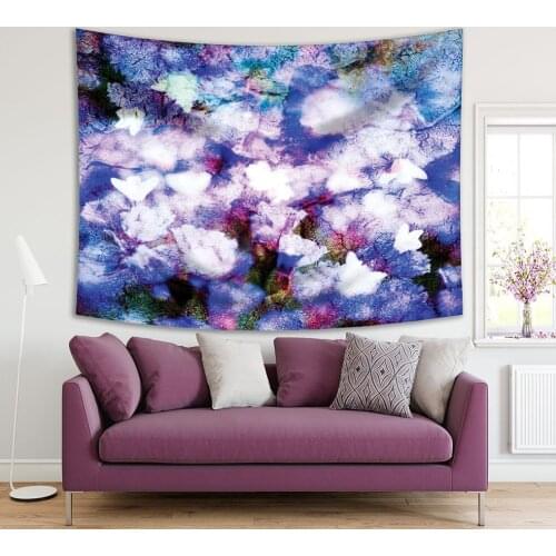 Tapestry Flower Petals Blooms Garden Grunge Style Abstract Floral Pattern Artwork Printed White Blue