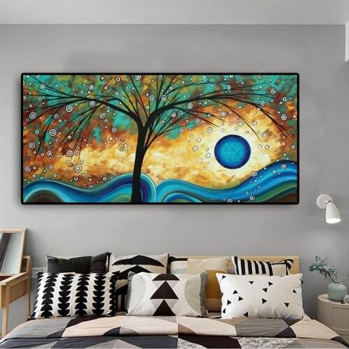 100X200CM Abstract Tree Sunset Wave Oil Painting on Canvas Poster and Prints Wall Art Picture for Living Room Cuadros Decor